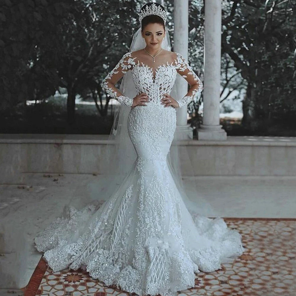 

Luxury Dubai Saudi Arabic Lace Mermaid Wedding Dress Sexy Illusion Long Sleeve Bride Dresses Crystals Beads Wedding Gowns