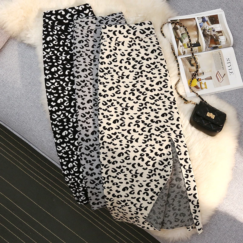

Осенне-зимняя трикотажная леопардовая длинная юбка, женская сексуальная облегающая юбка-карандаш с узким разрезом, до середины икры