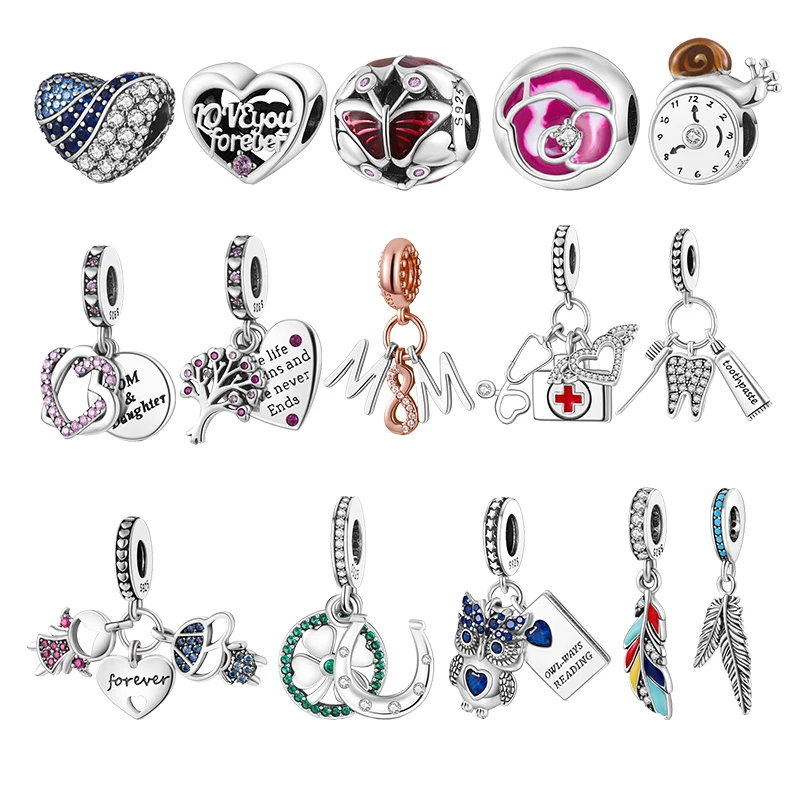 

Bule Stone Heart Silver 925 Charm Mom Heart Beads Pink Flower Pendant For Pandora Charm Bracelet Original Design DIY Jewelry