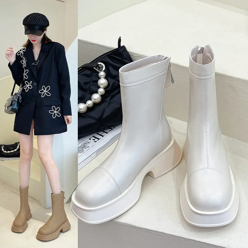 

Thick Sole New Mid Heel Round Toe Short Tube Simple Versatile Fashion Boots Back Zipper Short Boots Casual Boots women shoes