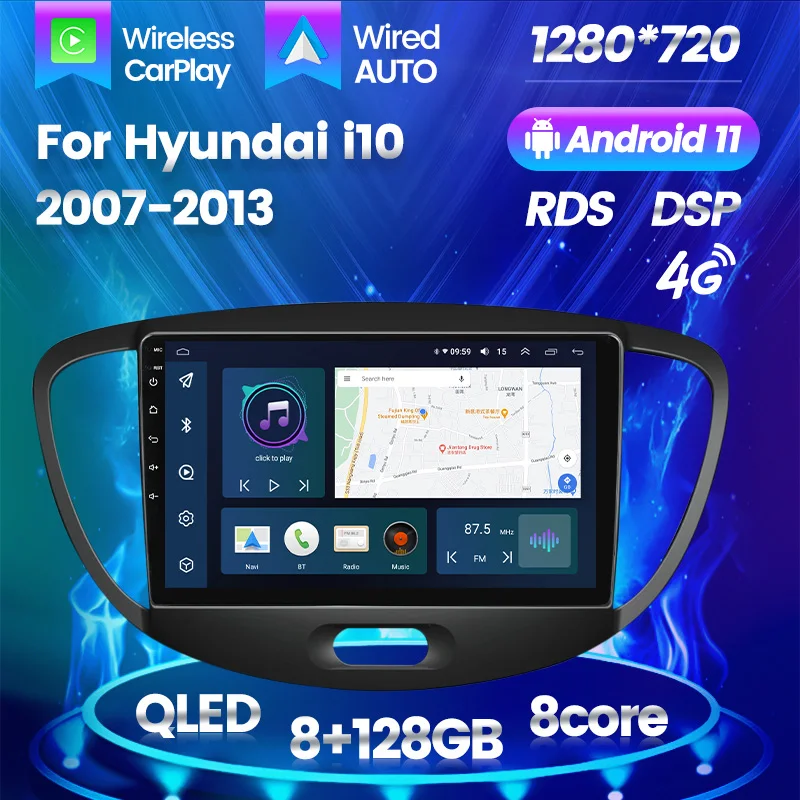 QLED IPS Android 11 автомобильный видеоплеер для Hyundai i10 2007 - 2013 авто радио GPS навигация Carplay