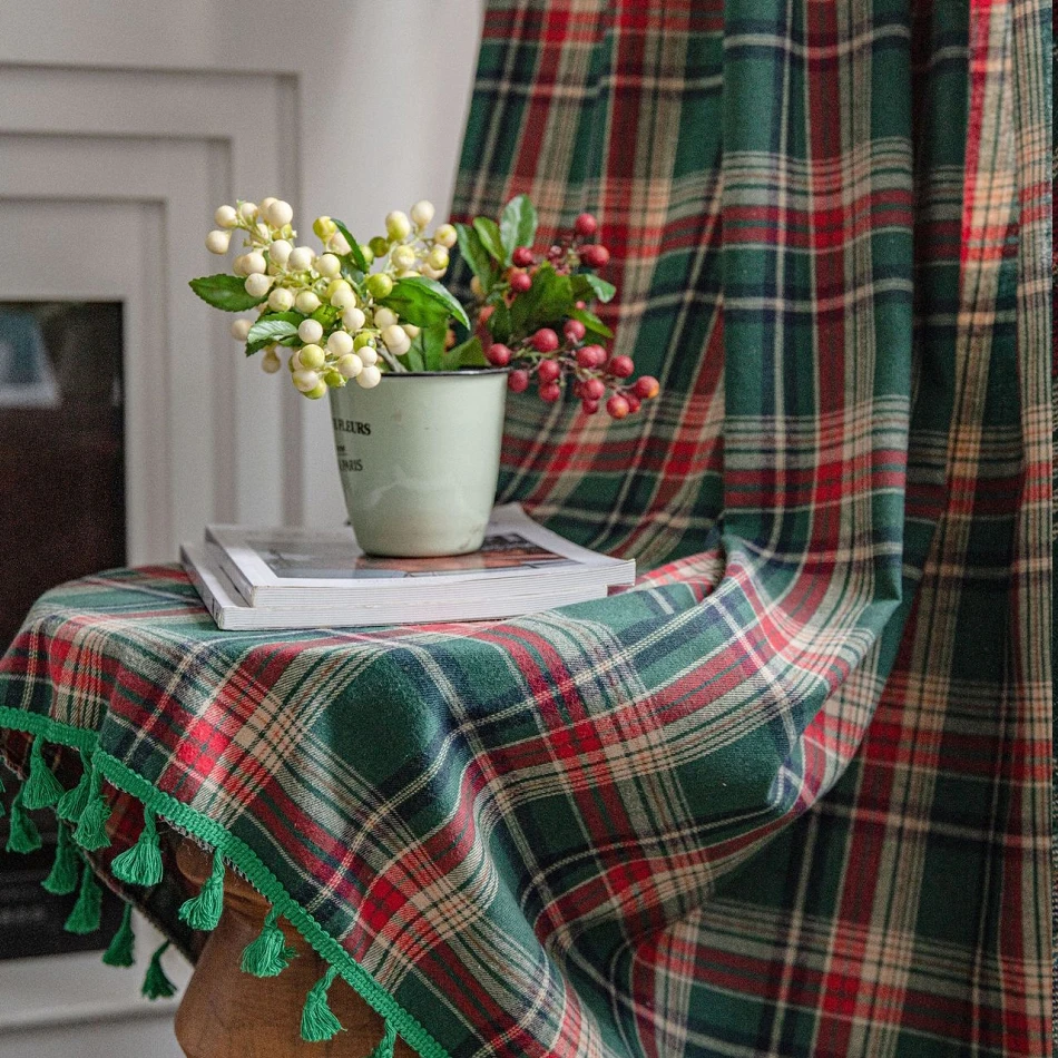 

Curtains for Living Room Green Plaid Yarn-dyed American Finished Kitchen Bay Window Curtain Semi Blackout Cortinas Para La Sala