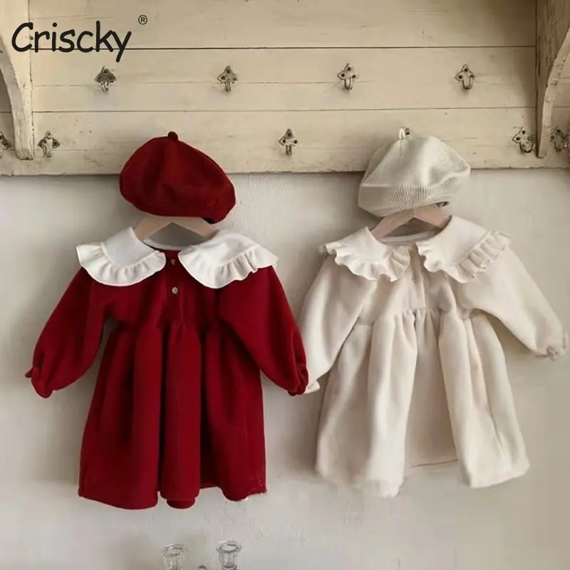 

Criscky 2022 Autumn Winter Dress Children's Clothes Cotton Turn Down Collar Baby Girls Dress Fashion Warm Casual Kids Dresses