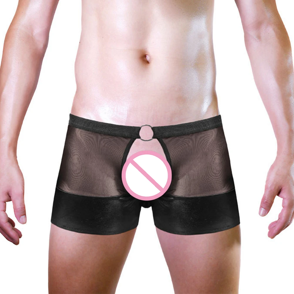 

Sexy Men Faux Leather Bulge Pouch Boxer Briefs Open Front Butt Mesh Underwear Crotchless Men's Panties Sexy Lingerie For Husband