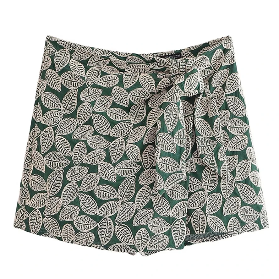 

Jenny&Dave Fashion High Waist Summer Shorts Culottes Women French Country Style Green Leaf Embroidery Casual Bermuda