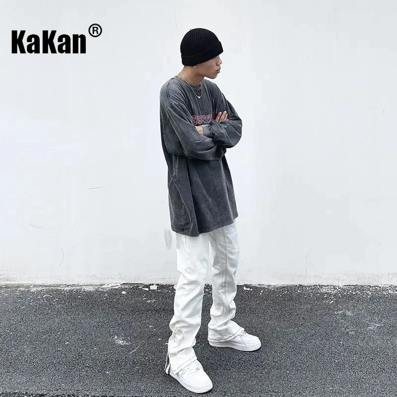 Kakan - New High Street Split Jeans Men's Wear, Black White Straight Leg Pants, Functional Zipper Long Jeans K33