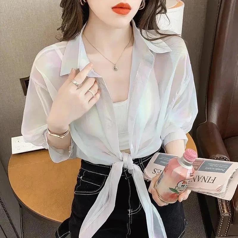 Женский солнцезащитный кардиган с воротником-поло тонкая модная Корейская