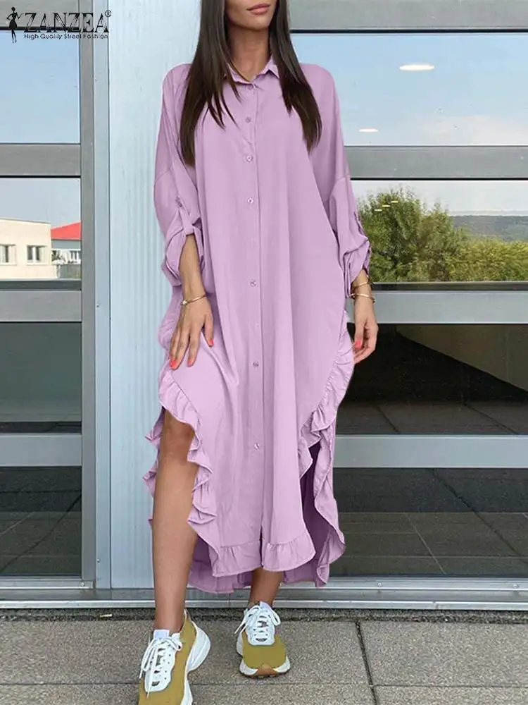 

ZANZEA Elegant Women Dating Midi Vestidos Ruffles Shirt Dress Oversized Party Robes Femme 2022 Fashion Long Sleeve Sundress