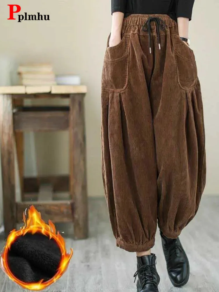 Мешковатые вельветовые утепленные шаровары зимние женские с высокой талией