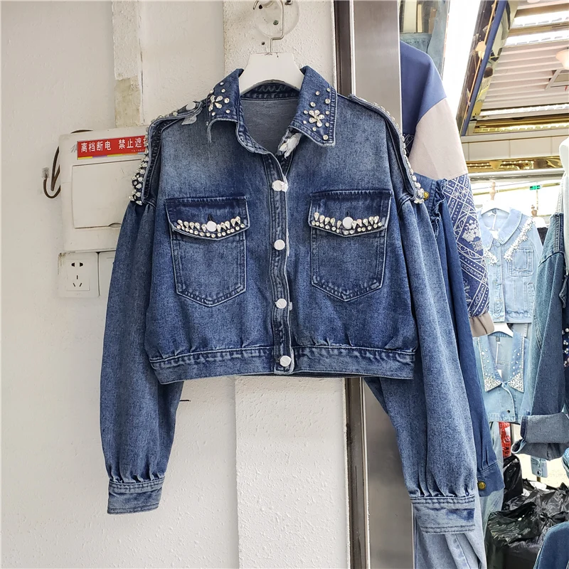 

Женская джинсовая куртка с большими карманами, повседневная Короткая синяя куртка с отворотами и длинными рукавами, Джинсовая Верхняя одеж...
