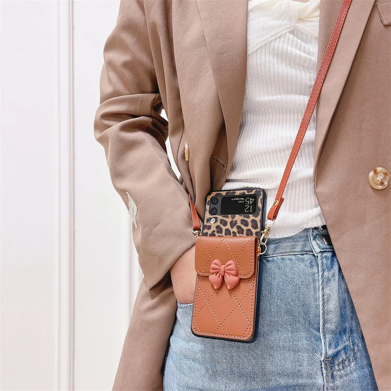 

Leopard Bowknot Card Holder Bag Phone Case for Samsung Galaxy Z Flip 3 Z Flip 4 Z Fold 3 Z Fold 4 Cover for ZFlip3 ZFlip4 Case