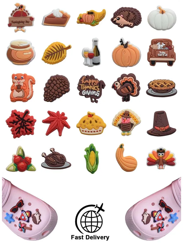 

1Pcs PVC Thanksgiving Day for Crocs Charms DIY Badge Women Sandals Buckle Kids Pins Decoration Jeans Shoe Accessories X-mas Gift