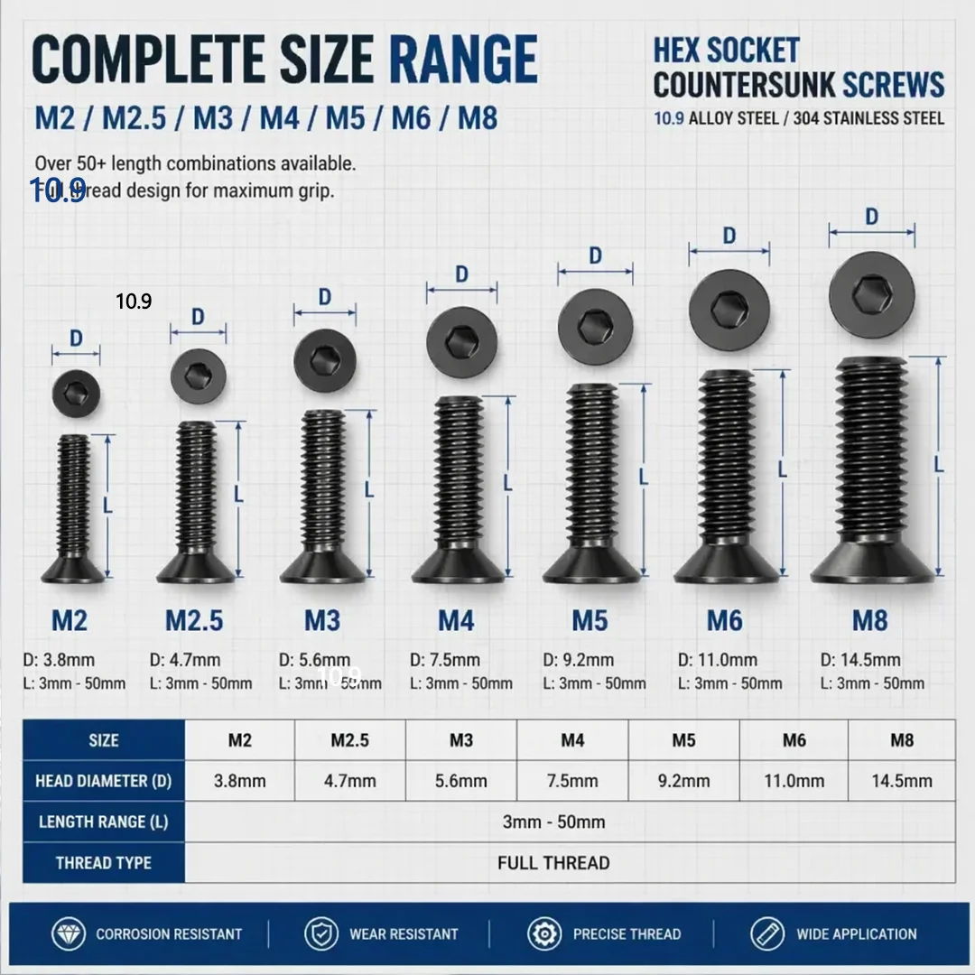 Фото Винты с шестигранной головкой и потайным шлицем (под Аллен) M2, M2.5, M3, M4, M5, M6, M8, из нержавеющей стали 304 A2, черные, класс прочности 10.9 №4