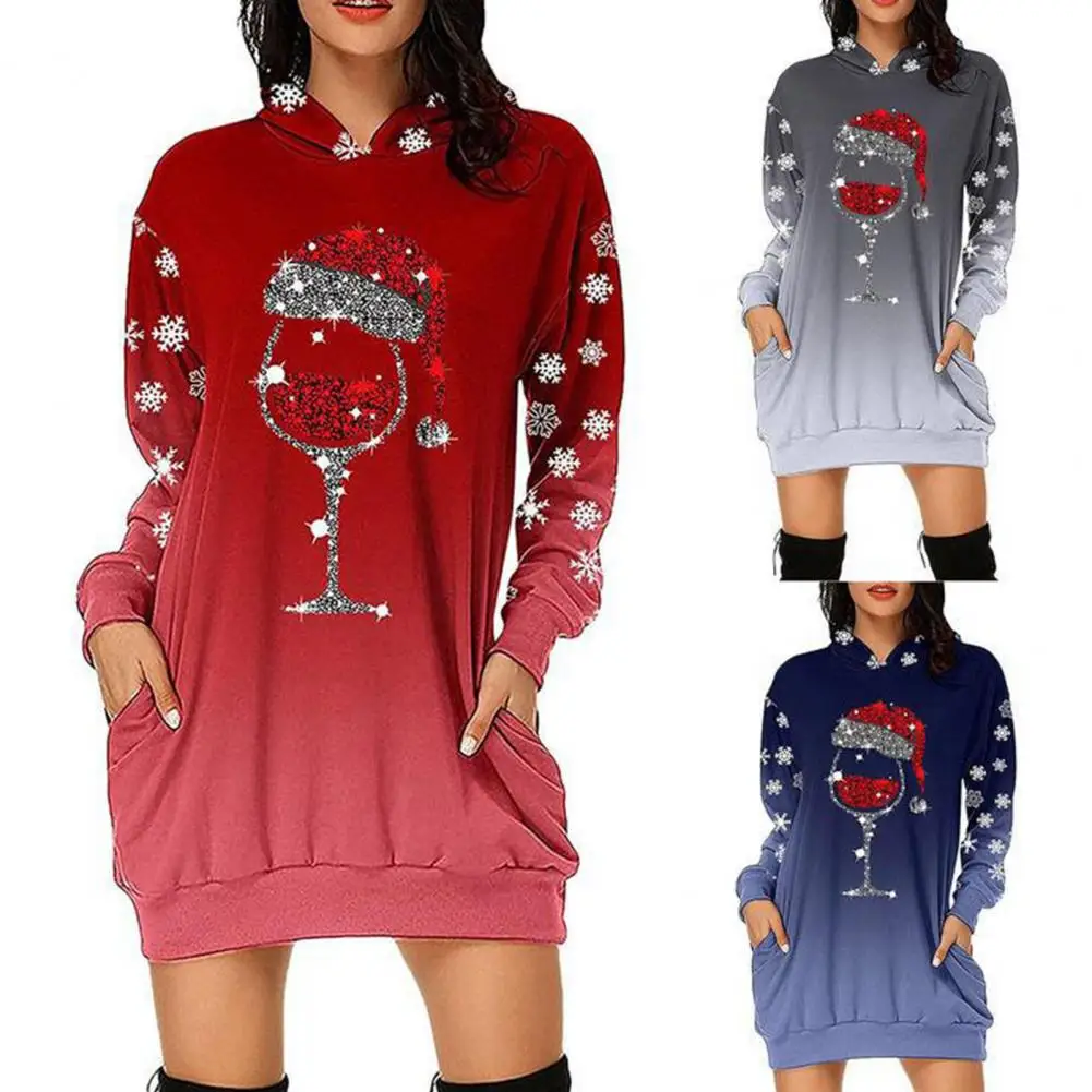 

Hooded Long Sleeve Side Pockets Sweatshirt Dress Wine Cup Christmas Hat Print Rhinstone Xmas Dress Festival Clothing for Party
