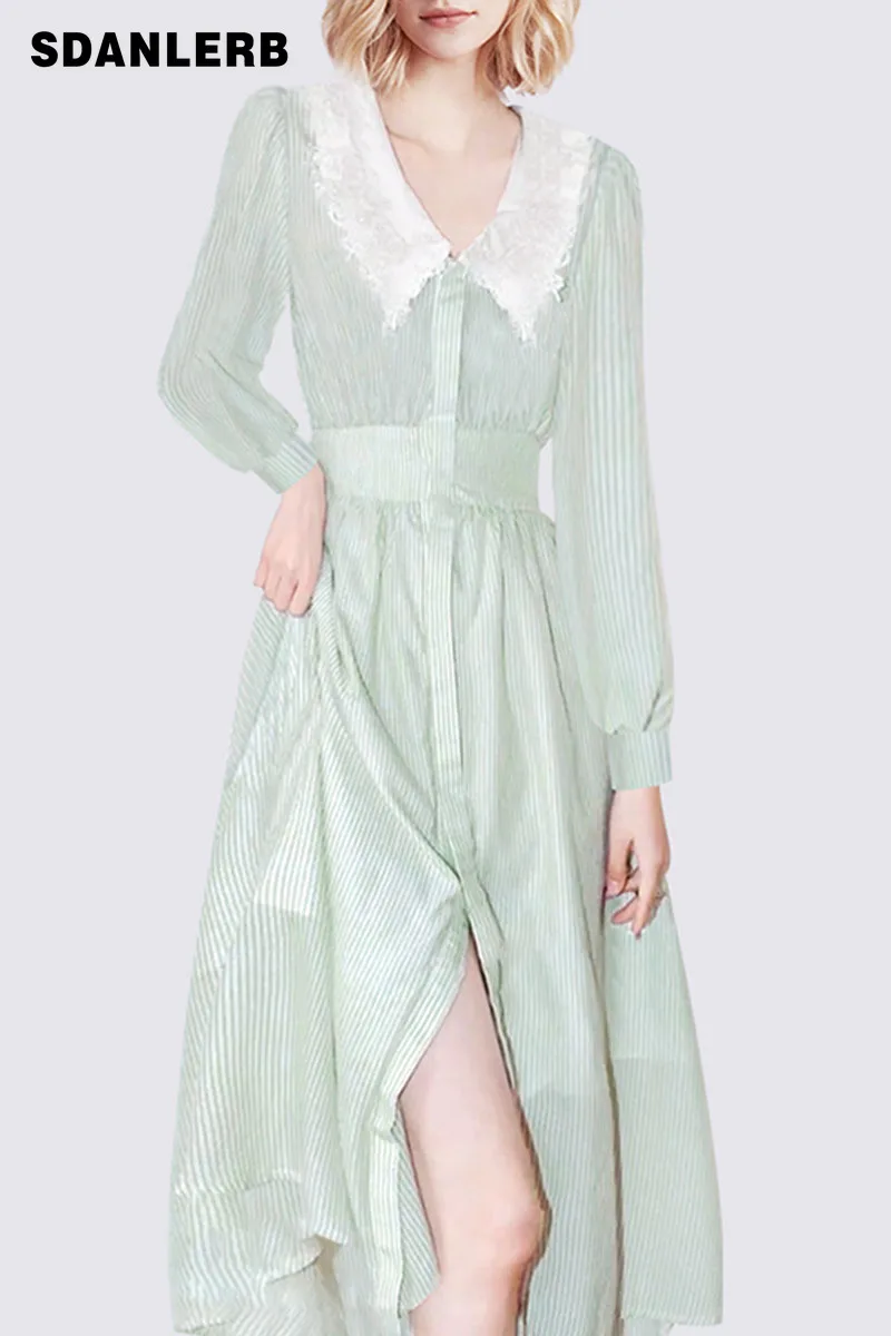 

High Waist Doll Collar Bubble Sleeve Split Striped Dress for Women 2022 Fresh Autumn Sweet Elegant Slimming Mid-length Dress