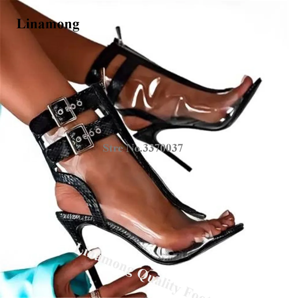 

Linamong PVC Patchwork High Heel Short Boots Sexy Peep Toe Black Snakeskin with Transparent Stiletto Heel Ankle Booties