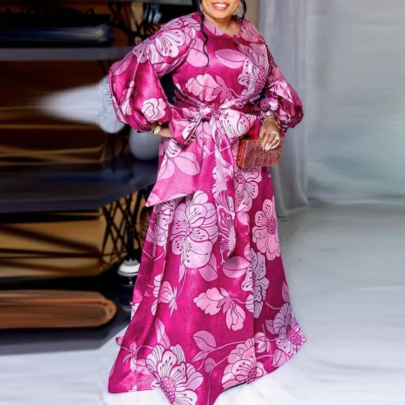 

VONDA 2022 Vintage Round Neck Pleated Maxi Dresses Femme Printed Robe Baggy Bow Vestido Oversized Elegant Women Party Sundress