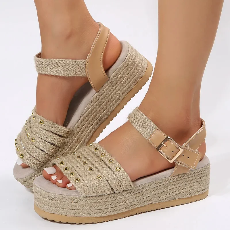 

Women's Chunky Platform Sandals Thick Bottom Rivet Espadrilles Women Shoes 2023 Summer Weaving Gladiator Sandals Woman Plus Size