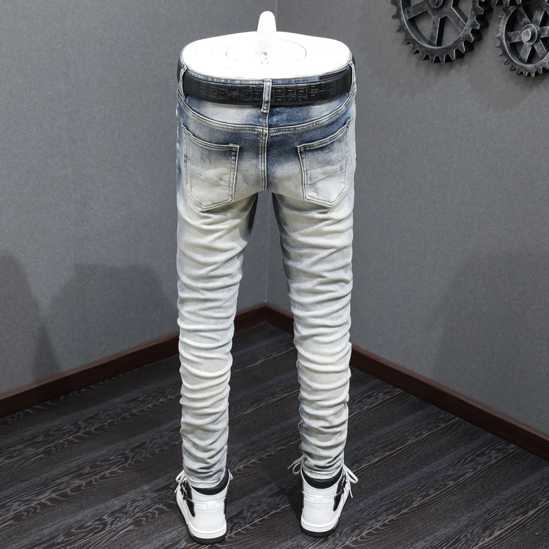 Street Fashion Men Jeans Retro Blue Patched Designer Elastic Stretch Broken Skinny Ripped Jeans Men Hip Hop Brand Pants Hombre