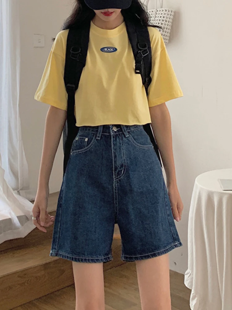 New Summer Women Wide Leg Button Blue Denim Shorts Streetwear Female High Waist Loose Jeans Shorts Bottoms