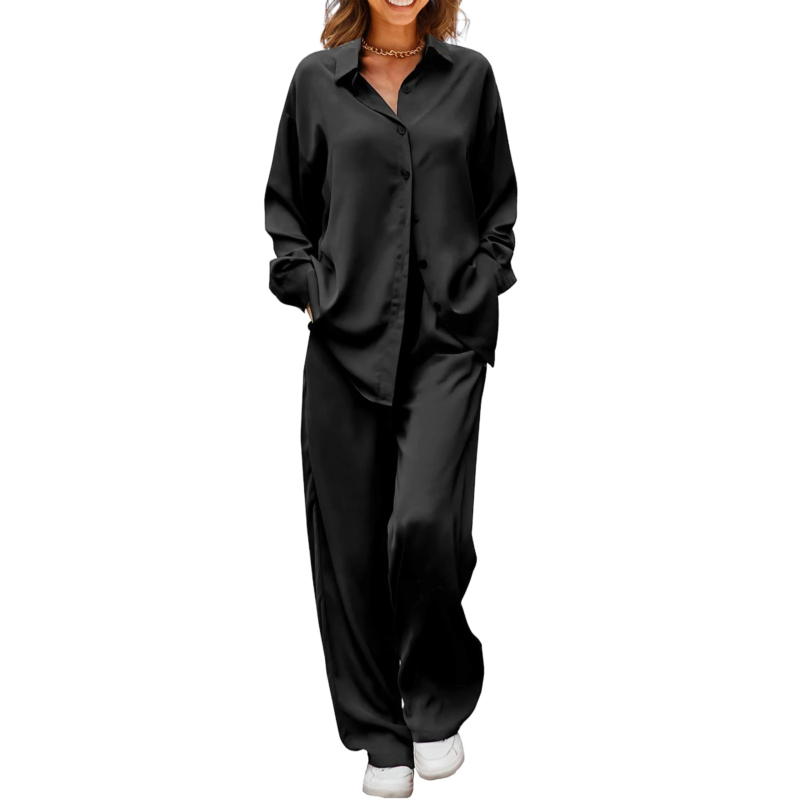 Spring Full Long Sleeve Lapel Shirt and Wide Leg Pants Suit Women Fashion Satin 2-piece Set Lady Casual Button Loose Office Sets 6 Spring Full Long Sleeve Lapel Shirt and Wide Leg Pants Suit Women Fashion Satin 2-piece Set Lady Casual Button Loose Office Sets 6