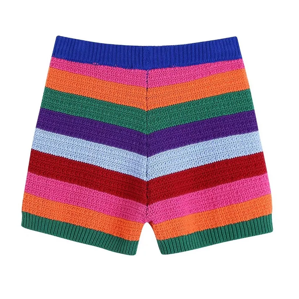 

Huaxiafan Women's Fashion Striped Mesh Vintage Shorts High Waist With Elastic Waist Women's Short Pants Mujer