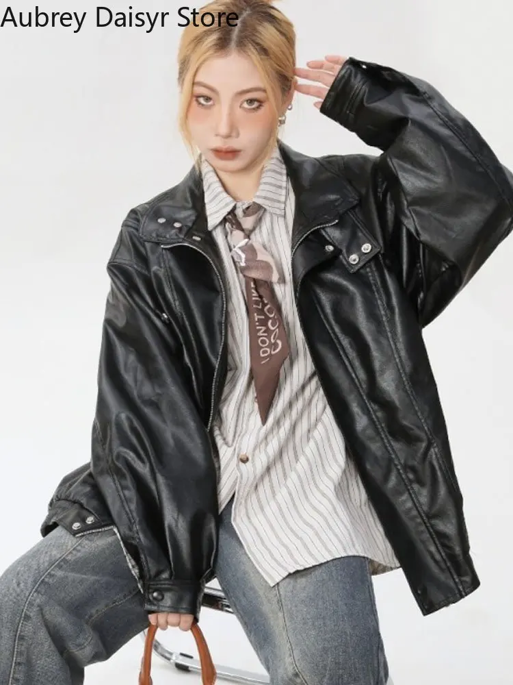 Streetwear Loose Black Leather Jacket Women Punk Fashion Trend Biker Zipper Leather Jacket High Street Vintage Chic Leather Coat