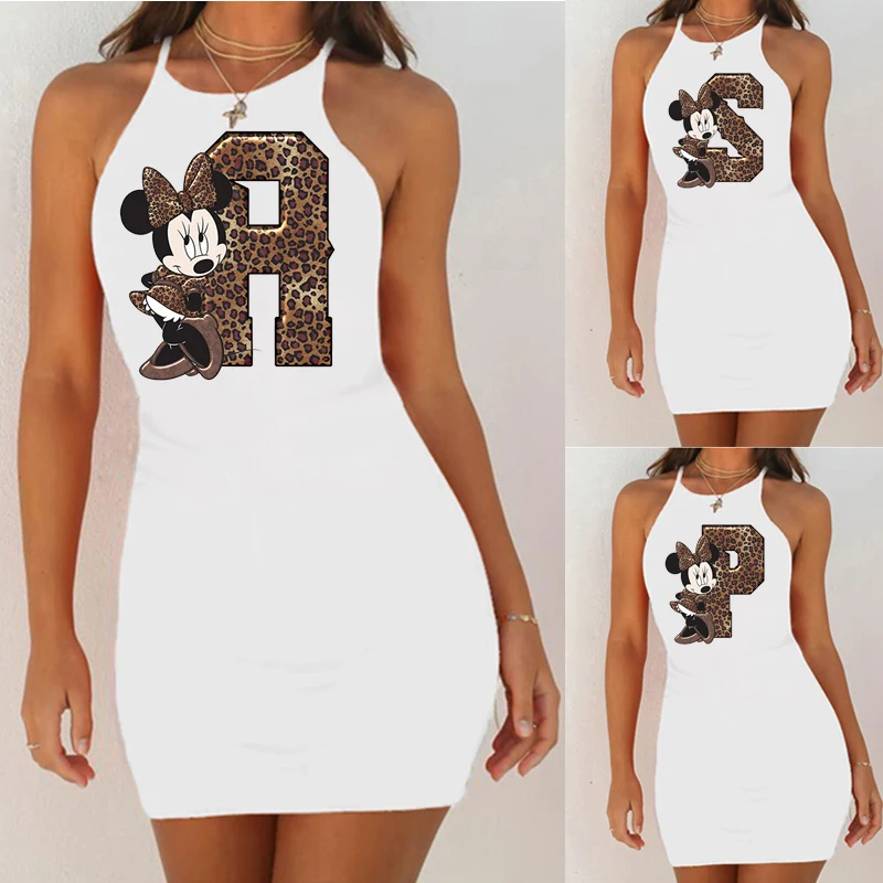 

Kawaii Disney Mickey Mouse Cartoon Graphic Dresses For Women 2022 New 26 English Letters Casual Dress Night Dress White Vestido