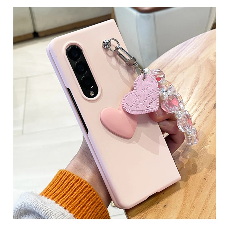 

Luxury Korean 3D Love Heart Bracelet Pink Simple Case For Samsung Galaxy Z Fold4 5G Z Fold 3 Fold4 Fold3 Shockproof Solid Cover