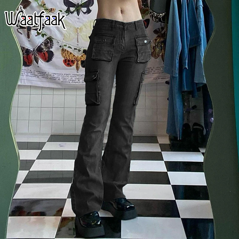 

Waatfaak Pockets Patchwork Streetwear Skinny Jeans Women Vintage Low Waist Black Jeans Y2K Grunge Straight Leg Pants Denim 90S
