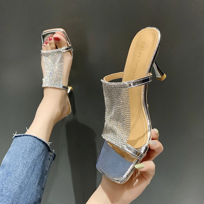 

Summer New Designer Crystal Women's Sandals Mules Fashion Leather Open Toe Sandals Ladies Stiletto Mules Women's 2022 New