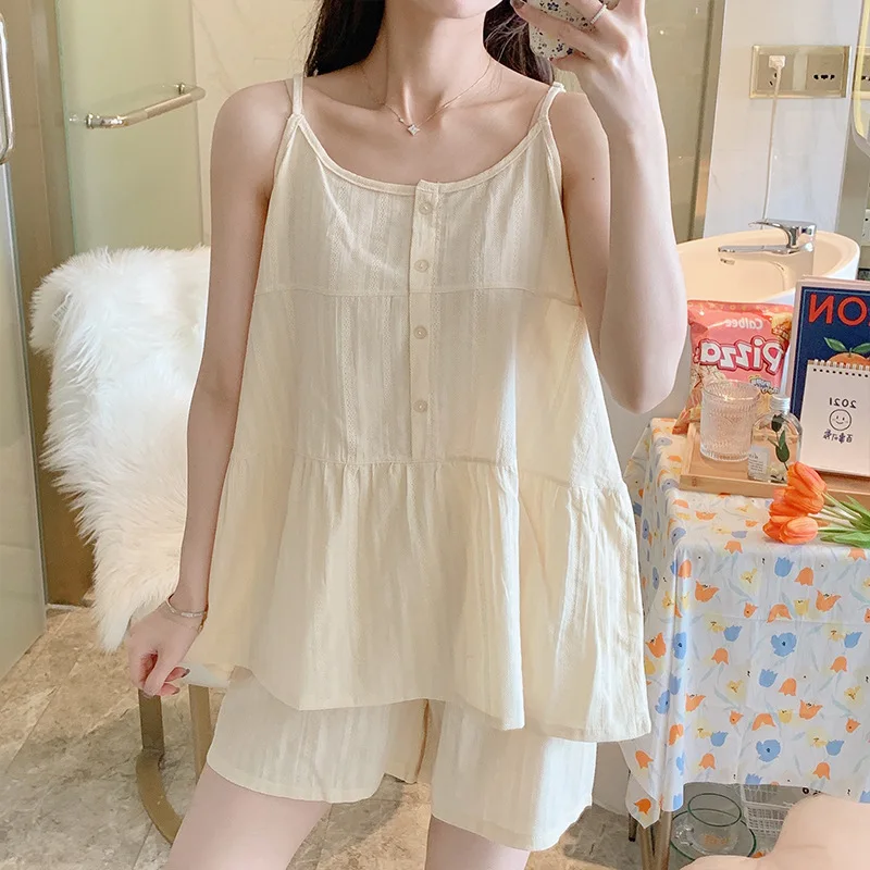 Women's Pajamas Sets Sexy 100% Cotton Female Pyjama Pijama O-Neck Cami Top Shorts Suit Summer Sleepwear Loungewear Home Clothes