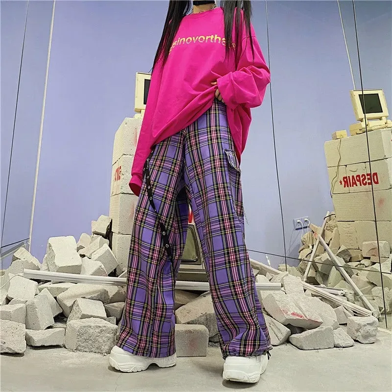 

Women Korean Sweatpants Korean Bandage High Waist Cargo Pants Harajuku Plaid Gothic Punk Baggy Retro Kawaii Trousers Grunge