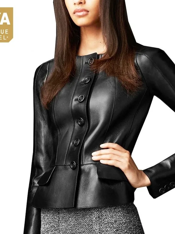 

Женская Весенняя куртка из натуральной овечьей кожи, пикантная короткая куртка черного и коричневого цвета с оборками на пуговицах