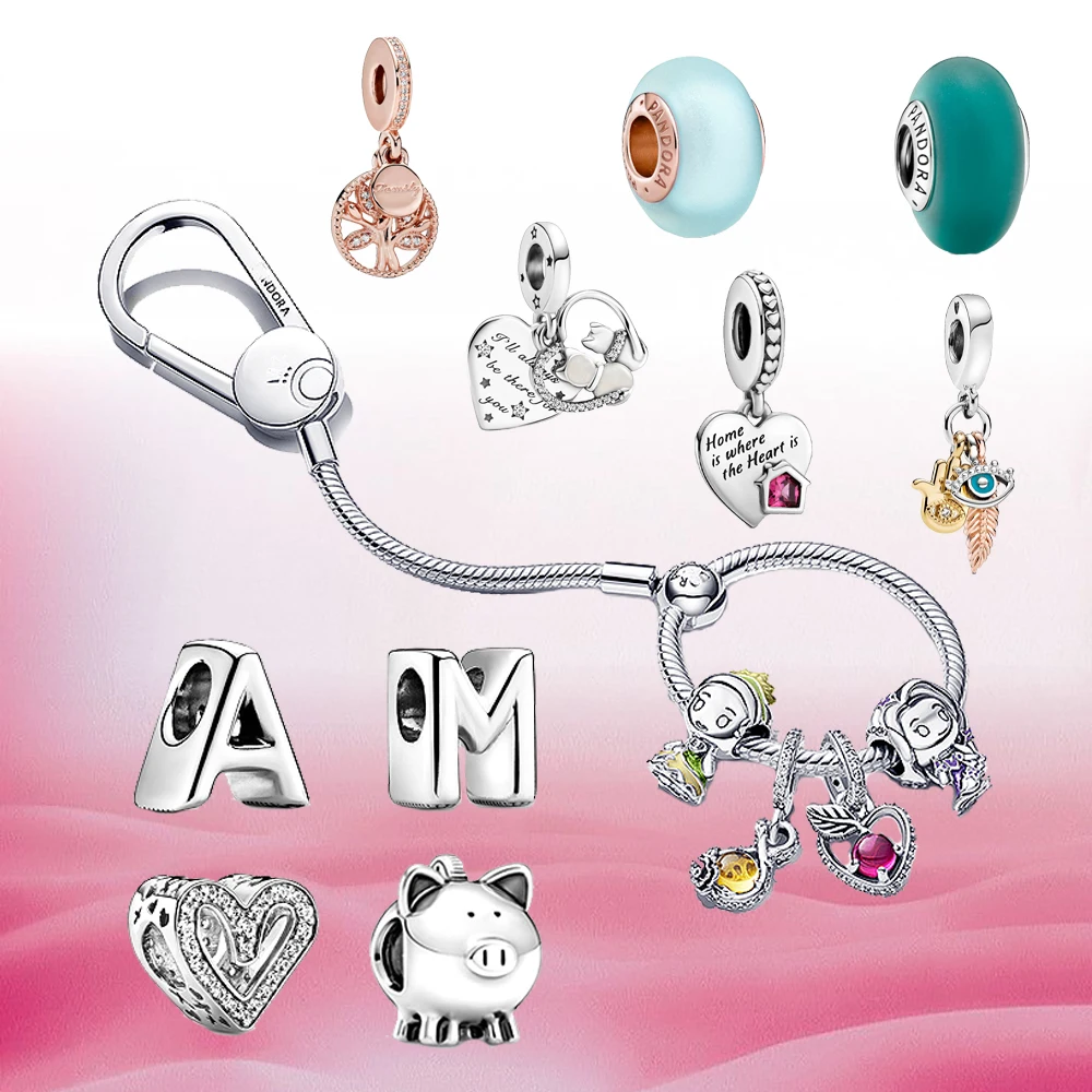 

Hot Sale Jewelry Women Fit Original Pandora Keychain Beadeds DIY Charms 925 Sterling Silver English Letters Fashion Accessories