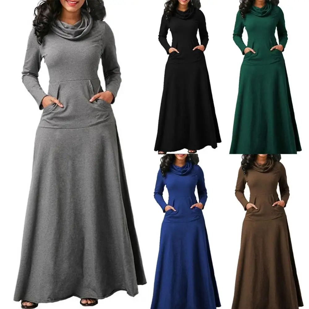 

Women Dress Autumn Women Solid Color Party Dress Cowl Neck Long Sleeve Maxi Dress With Pockets Women's Clothing