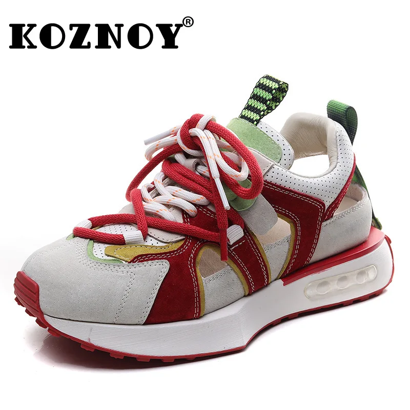 

Koznoy 4cm Hollow Women Platform Comfy Genuine Leather Wedge Chunky Mixed Color Sneakers Skate Boarding Vulcanize Summer Shoes