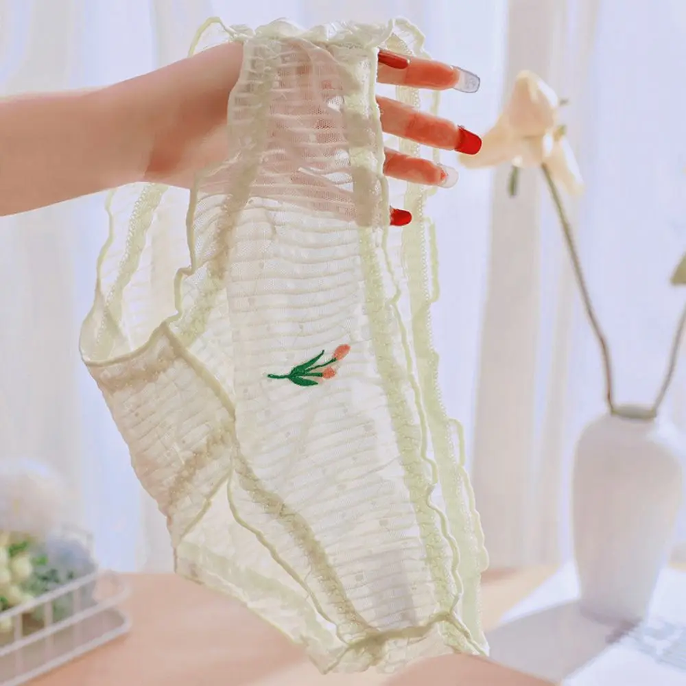 

Трусики женские из мягкого хлопка, кружевные нейлоновые, в полоску, эластичные сетчатые, в Корейском стиле, с принтом тюльпана, нижнее белье