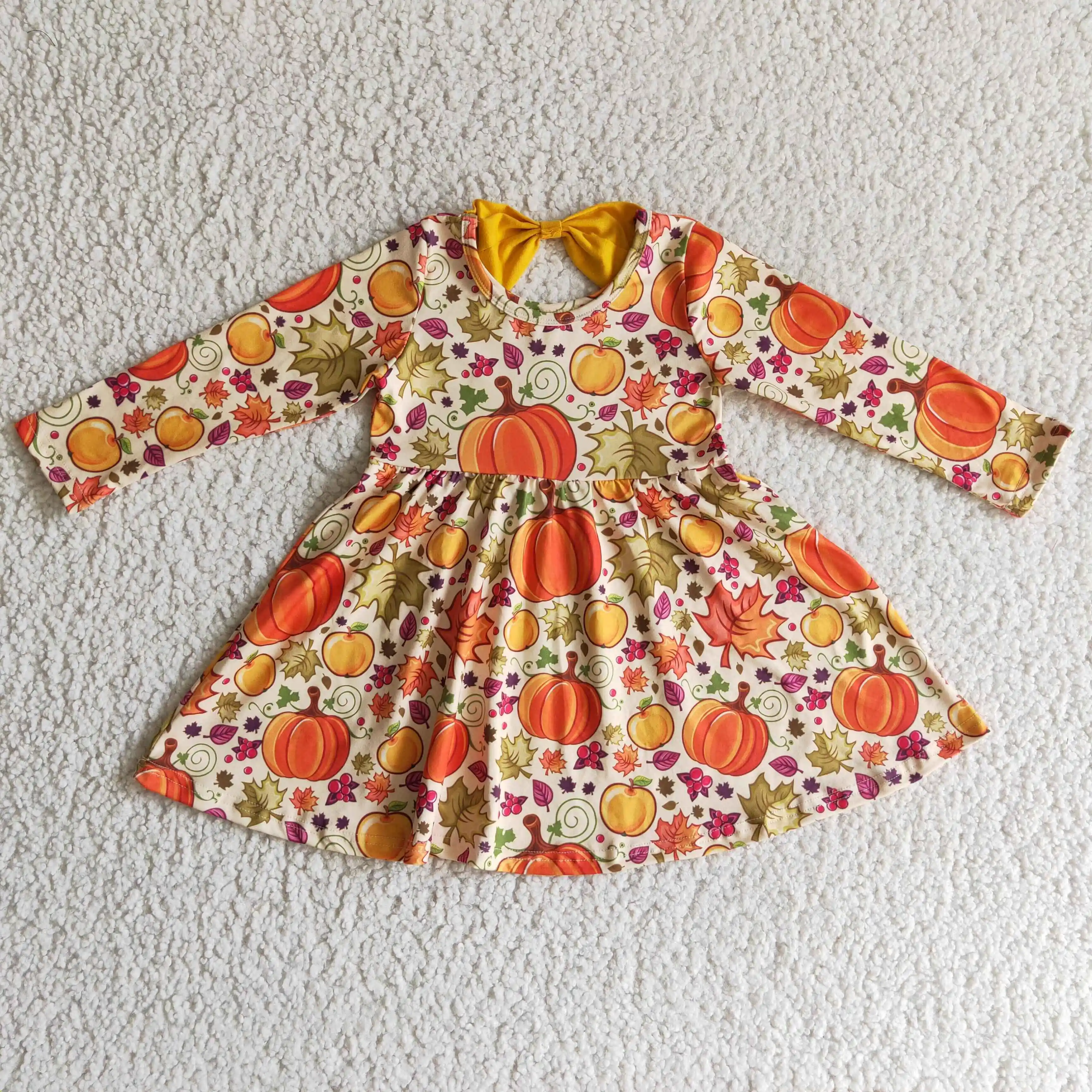 

Fall Pumpkin Leaves Twirl Dress Toddler Girls Boutique Clothing Long Sleeves Orange Skirt Clothes Children High Quality dresses