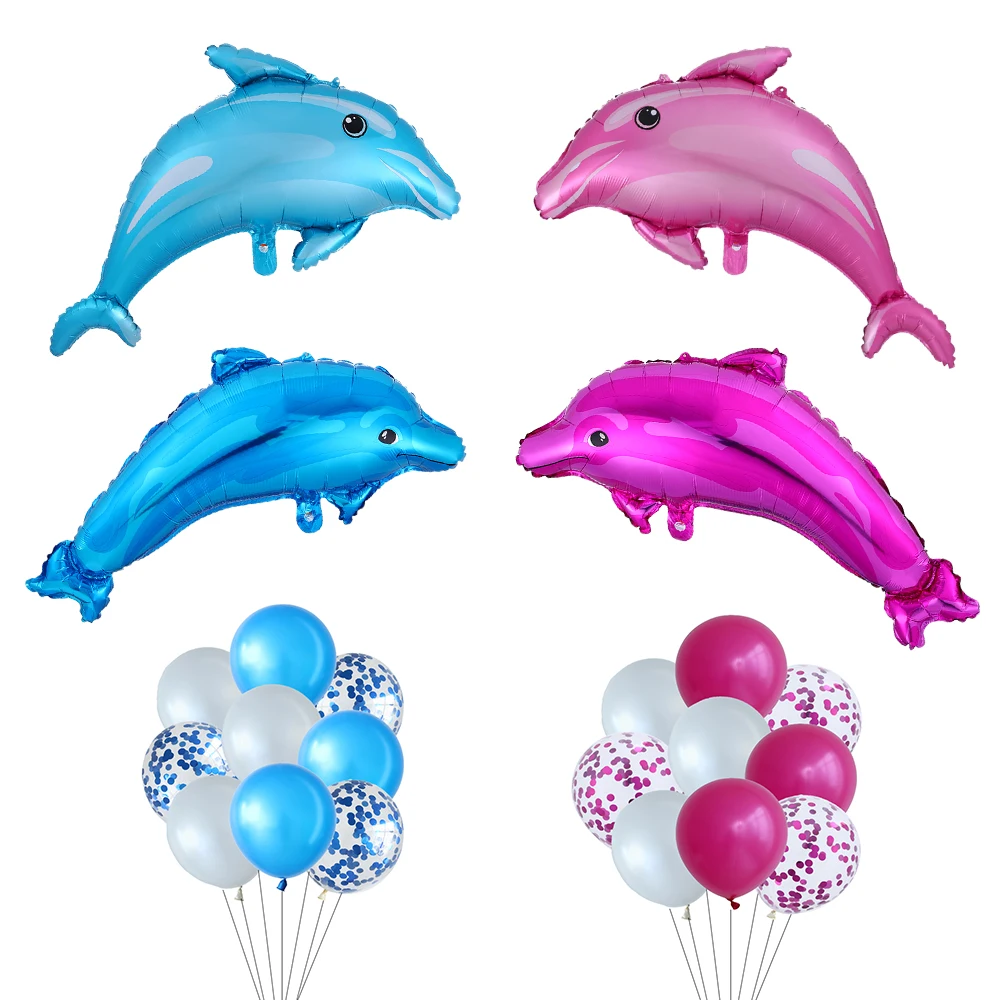 

Large Blue Pink Dolphin Foil Balloon Ocean Theme Kids Birthday Under Ocean World Party Baby Shower Background Decor Globos