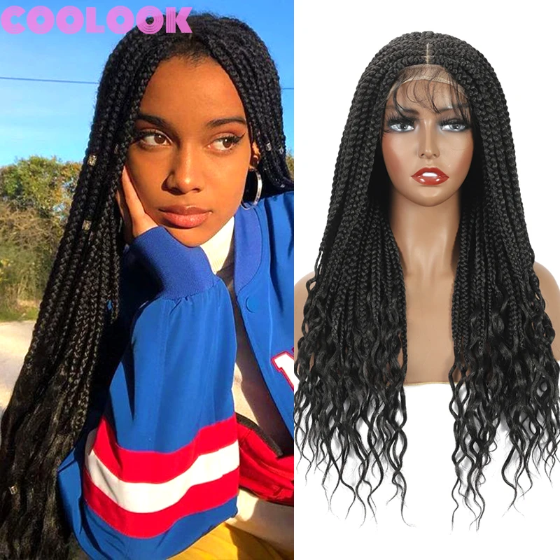 20 Inch Black Box Braid Lace Women's Wig Synthetic Ombre Lace Front Wigs with Wavy Ends Red Box Braids Hair Wig Perruque Cosplay