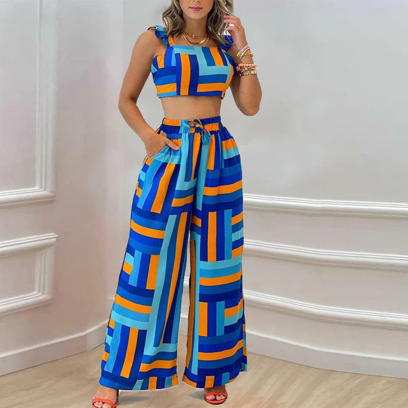 

Women Patchwork Suits Summer Sexy Sleeveless Bandage Vests Fashion High Waist Pocket Loose Wide Leg Pants