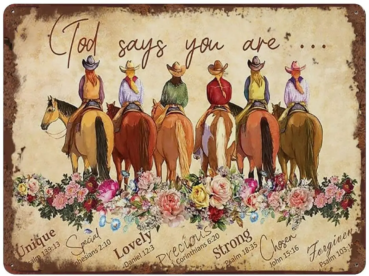 

God Says You are Cowgirl Bible Verse Inspirational Vintage Tin Sign for Horse Lovers Cowgirl Christian Art Vintage Wall Decor