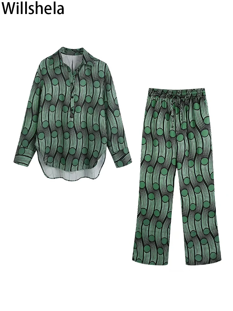 

Willshela Women Fashion Two Piece Set Printed Blouse Straight Leg Trousers Chic Lady Casual Woman Outfits Pants Sets