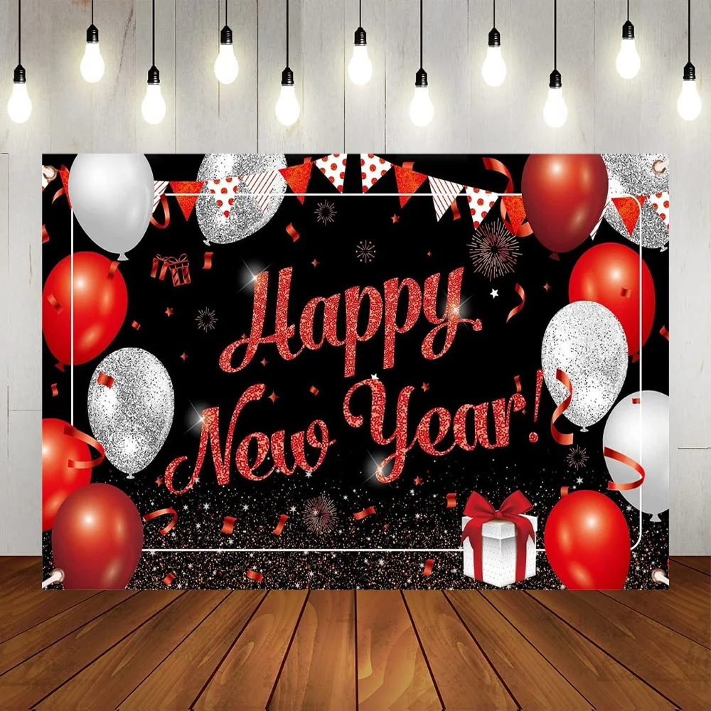 

Happy New Year Banner Decorations 2024 Black Red Photo Booth Backdrop Background New Years Eve Party Supplies Outdoor Indoor