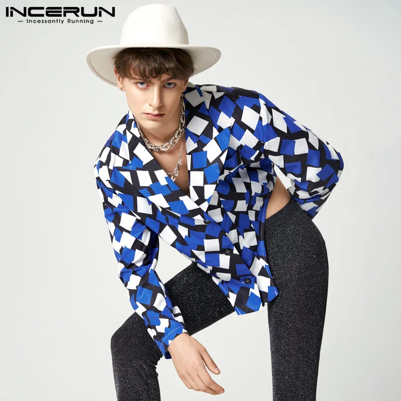 

INCERUN Men Blazer Printing Lapel Long Sleeve Streetwear 2022 Fashion Irregular Suits Men Button Personality Casual Coats S-5XL