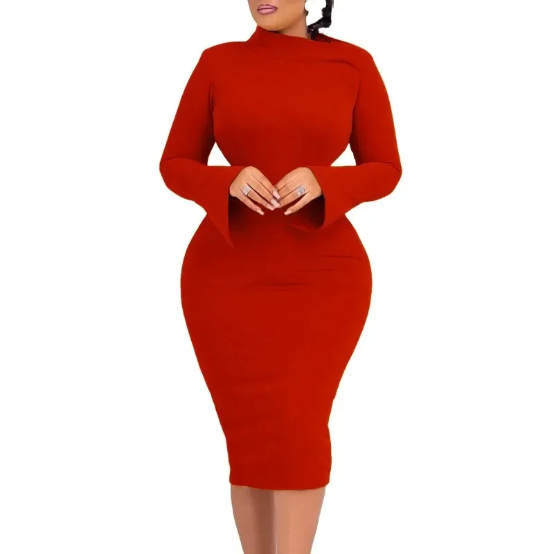 

Winter Fashion Office Ladies Dress Elegant Solid Round Neck Flare Sleeve Tight Dress African Women