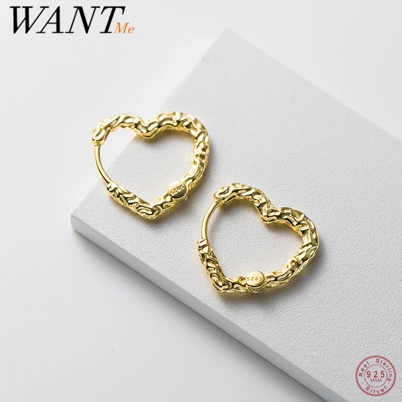 

WANTME 925 Sterling Silver Punk Unique Texture Love Heart Huggies Hoop Earrings for Women Men Fashion Romantic Hip Hop Jewelry