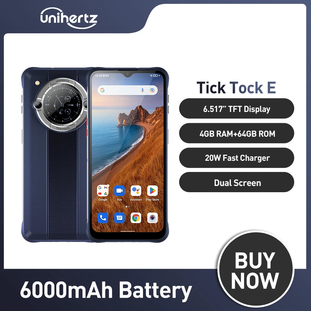Смартфон Unihertz Tick Tock E Android 12, 4 ГБ, 64 ГБ, Восьмиядерный MTK6765, мобильный телефон, 6,5 дюймов, умный задний Дисплей, 6000 мАч