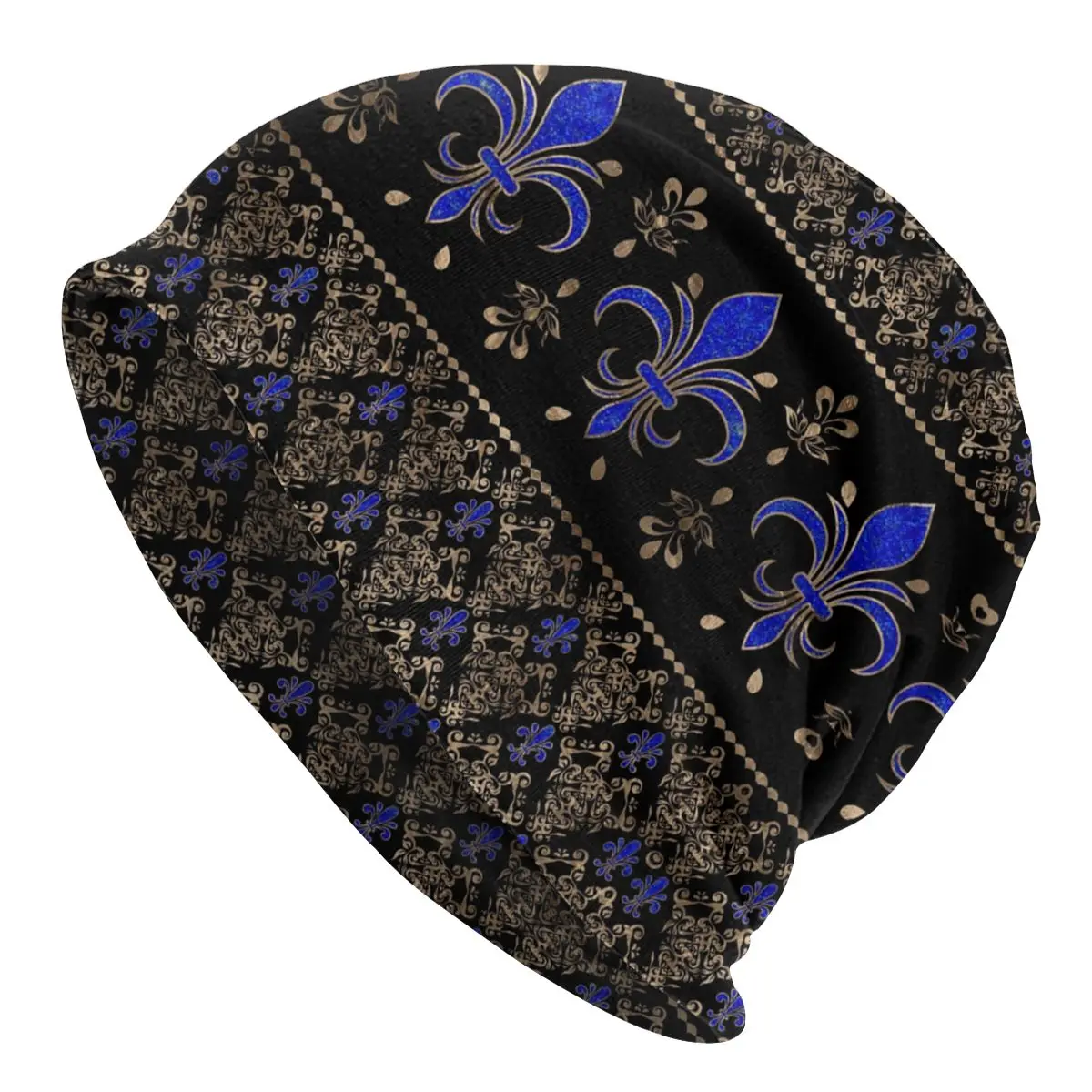 

Fleur De Lis Ornament Lapils Lazuli And Gold Bonnet Beanie Knitted Hats Unisex Royalty Lily Petals Flower Skullies Beanies Caps